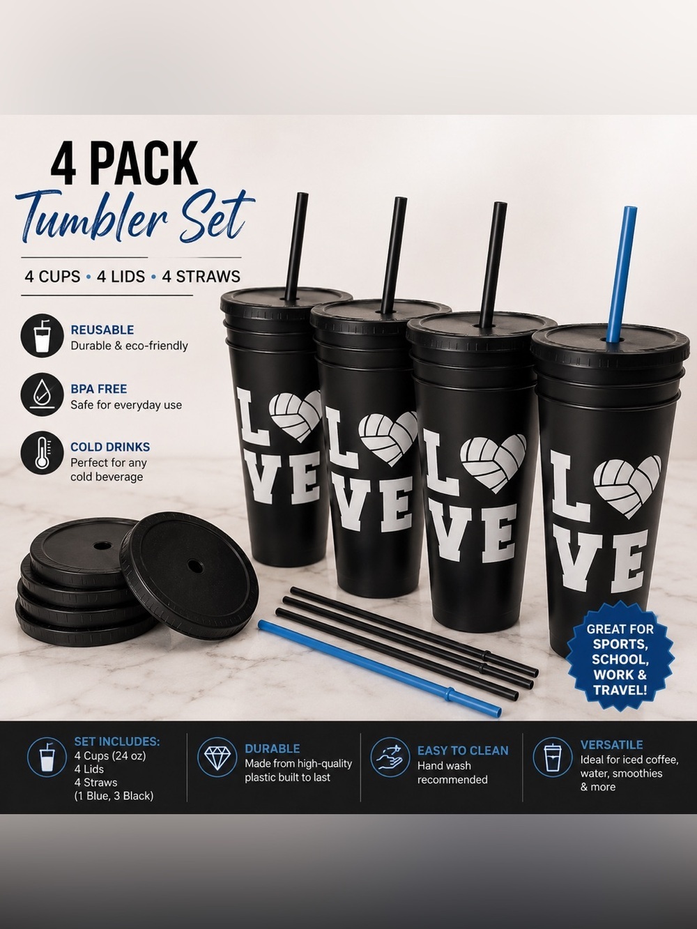 Hand Crafted Black LOVE Volleyball Tumbler Set - 4 Pack